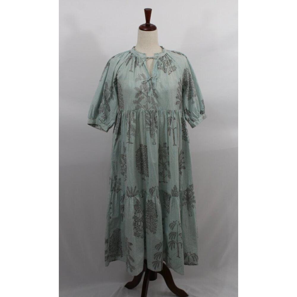 MATTA Sz S Small Aqua Stripe Short Elbow Sleeve Midi Dress Cotton Katia Trees - Picture 7 of 11